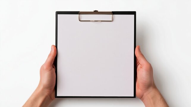 Human hands holding blank white clipboard paper document for professional business office notes display