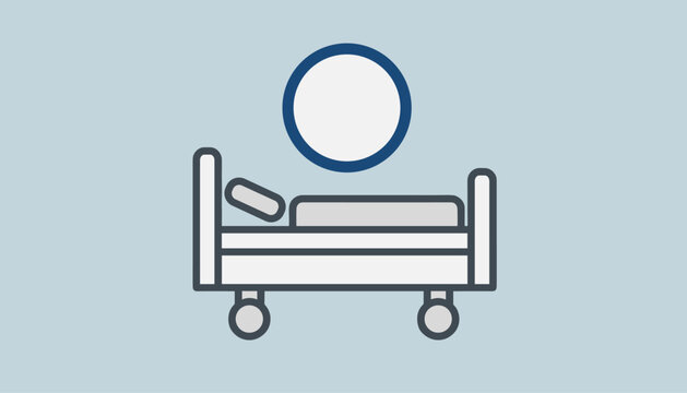 Medical hospital bed line icon with a blue circle outline indicator isolated on a clean light blue background.