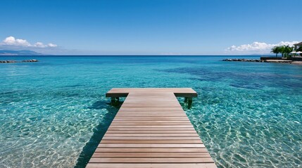 Fototapeta premium A wooden pier extends into brilliantly clear, turquoise ocean water under a bright blue sky.