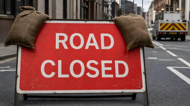 Red road closed traffic sign weighted down with two burlap sandbags on the corners.