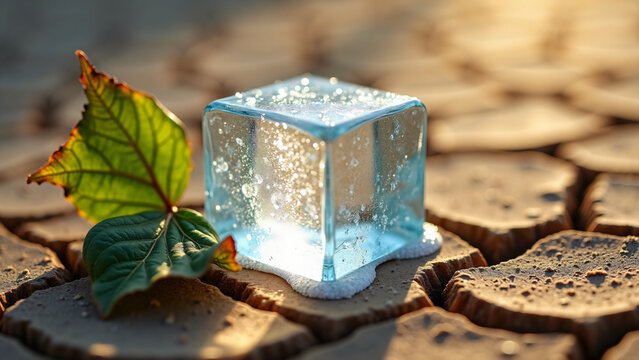 Melting Ice Cube on Dry Soil Showing Environmental Stress