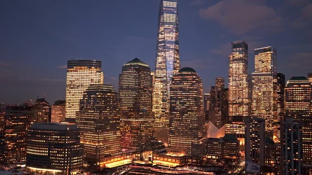 New York Manhattan night cityscape. New York aerial panoramic view. New York famous illuminated towers. New York downtown district horizon.