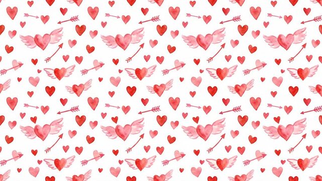 Watercolor seamless pattern with red hearts, winged hearts, and cupid arrows on white.
