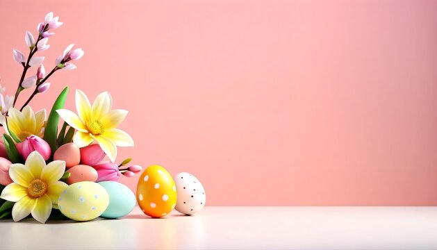 Spring flowers and Easter eggs arranged on a pastel pink background