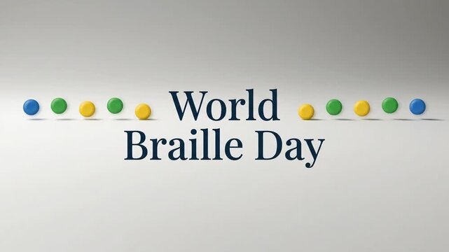World Braille Day text animation with colorful spheres on white background