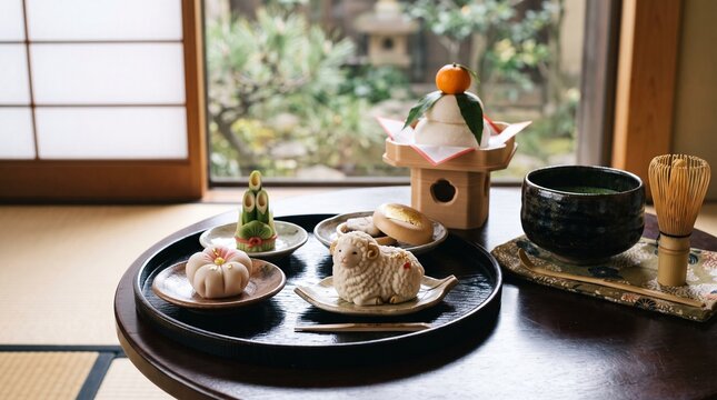 羊の和菓子と正月飾りを添えた抹茶の和のテーブル