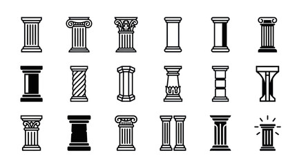 Naklejka premium Collection of classical architectural columns and pillars in a clean, minimalist vector art style, showcasing various ornate and simple designs
