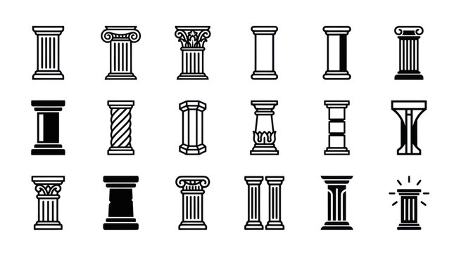 Collection of classical architectural columns and pillars in a clean, minimalist vector art style, showcasing various ornate and simple designs