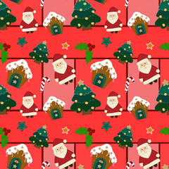 Naklejka premium Christmas theme seamless pattern graphic with Santa Claus, Christmas tree, snowy gingerbread house ,candy canes and holly leaves on a red background for gift wrapping paper, wallpaper
