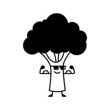 Strong cool broccoli character flexing muscles wearing sunglasses, cute healthy food vector illustration, black and white linear mascot icon isolated on white background.