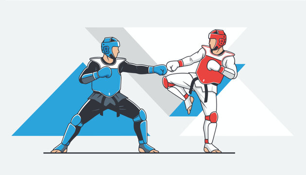 Dynamic illustration of two martial artists in protective sparring gear practicing karate and taekwondo moves.