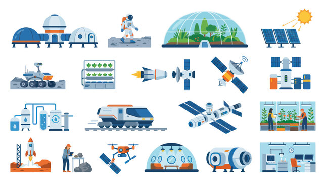 Space exploration and future technology flat vector icons set