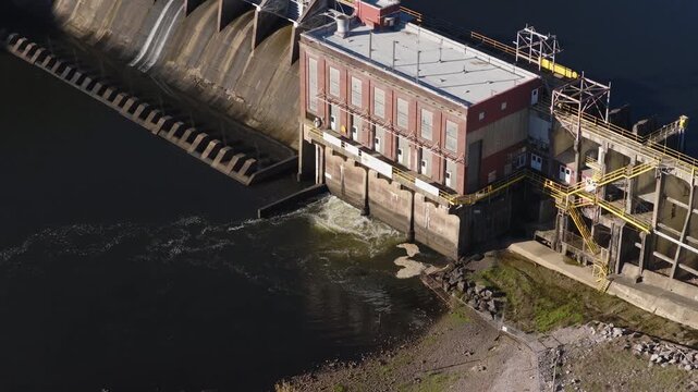 Aerial close-up of powerhouse beside Remmel Dam, drone, Ouachita River Jones Mill Arkansas USA