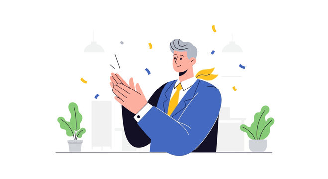 Man clapping hands in celebration with confetti, business success, applause, congratulations