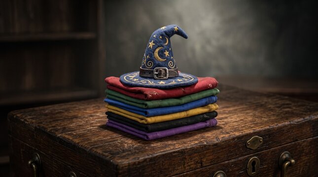A wizard's hat rests atop a stack of colorful fabric squares on a rustic wooden table, evoking fantasy and magic