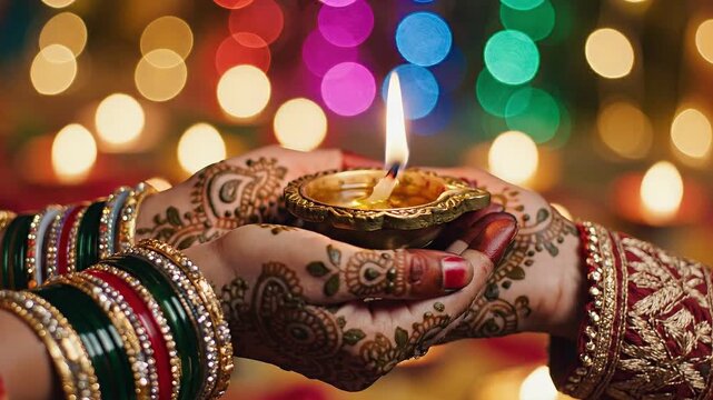 Decorated hands holding a glowing diya with mehndi, bangles and colorful festive bokeh lights