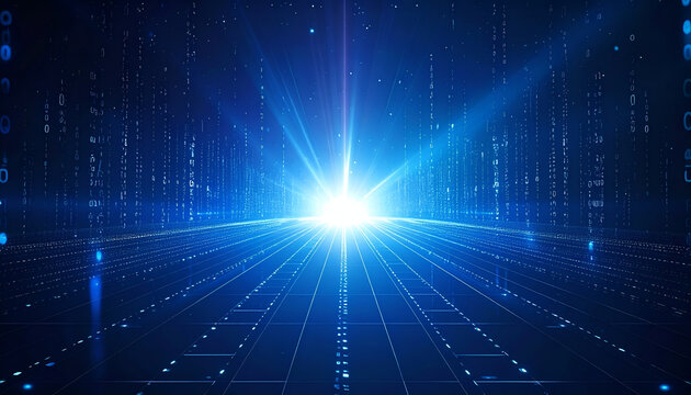 Futuristic digital scene with a bright light burst emanating from the center, surrounded by a data grid and binary code flow