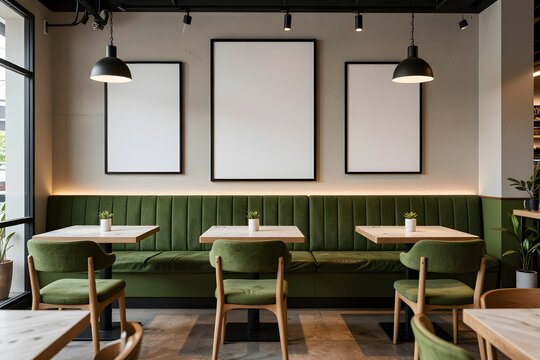 Modern Cafe Interior with Green Banquette Seating and Blank Frames