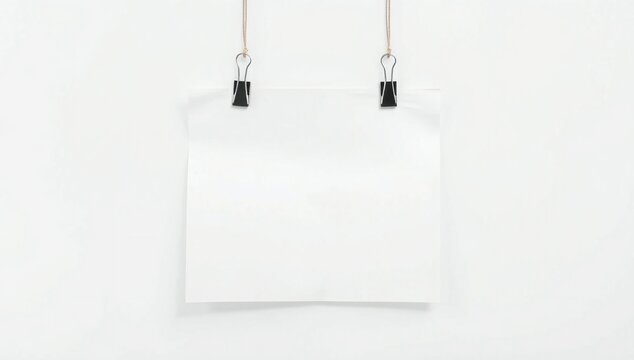 Blank white paper note hanging from strings with black metal binder clips