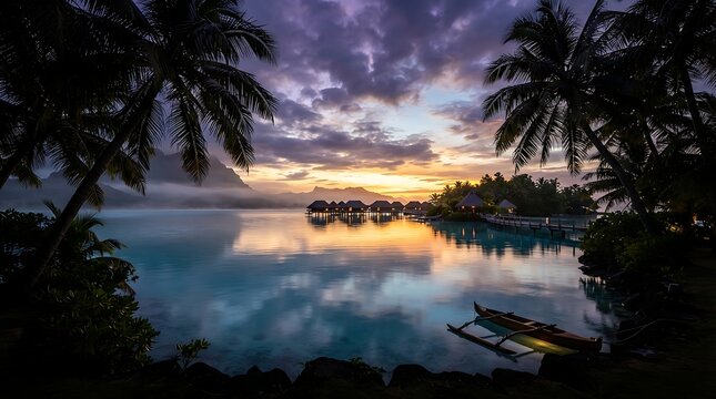 Bora Bora Sunset Over Water Bungalows and Palm Trees.