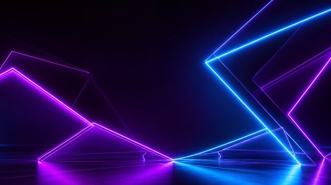 Abstract geometric neon light shapes on dark background with central copy space