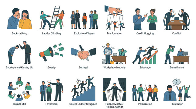 Workplace Conflict Icons: Backstabbing, Sabotage, Frustration Flat Art