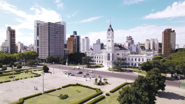 4K drone aerial view of Plaza Moreno and La Plata City Hall in Buenos Aires, Argentina. Historic central square surrounded by distinctive architecture and the urban heart of the city.