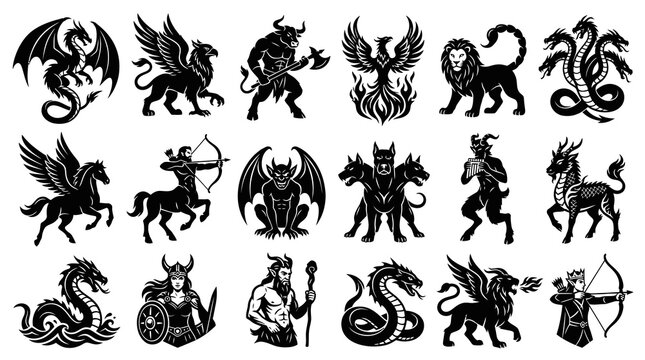 Mythology and Fantasy Black Silhouette Icons Set: Legendary Creatures, Gods, and Monsters