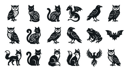 Obraz premium Black White Stylized Animal Glyph Icons Set. Vector Illustrations of Fantasy Nature Creatures for Graphic Design.