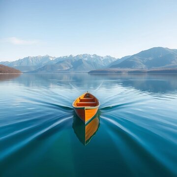 Rowboat gliding across glassy lake surface, with distant mountains in the background, calm, glassy