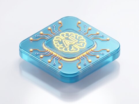 3D Isometric Artificial Intelligence Microchip with Brain Icon and Circuitry on Blue Glass Square Background