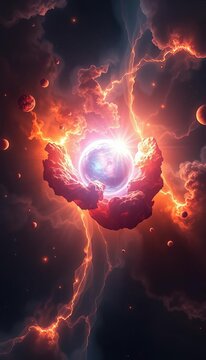 Ethereal light envelops celestial body emerging from supernova remnants, cosmic cloud, ||glowing