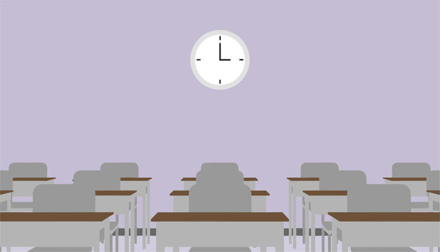 Empty classroom setting featuring rows of school desks and a wall clock against a solid violet background for educational themes.