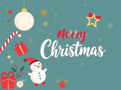 Festive Christmas vector illustration with cute holiday elements and merry Christmas calligraphy greeting, holly, mistletoe
