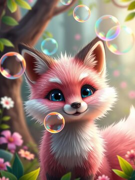 Fluffy digital fox with sparkly pink fur and bright blue eyes blowing colorful bubbles in a whimsical forest setting, colorful, digital art