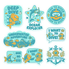 Naklejka premium Collection of scuba diving and ocean exploration stickers.