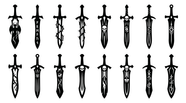 Black  White Glyph Set of Various Fantasy Swords with Runes and Skulls