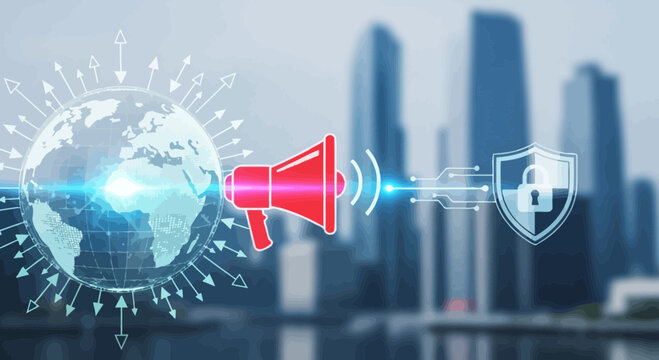 Global communication network connects to digital security shield concept