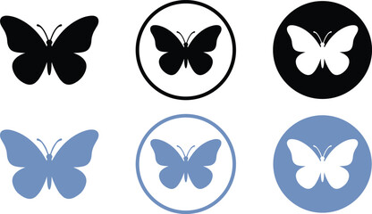 Naklejka premium Butterfly logo icon set featuring minimalist flat blue and black insect silhouettes in circle shape button vectors