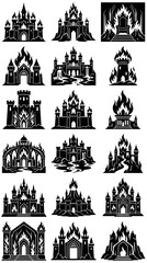 Fototapeta premium Dark Fantasy Castle Silhouettes Vector Art: Medieval Fortresses, Burning Gates, and Towers in Glyph Style