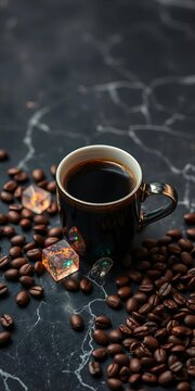 Coffee cup surrounded by glowing crystals and scattered coffee beans on dark marble surface, mysterious, coffee break