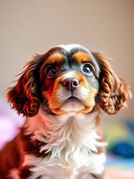 Cocker spaniel puppy gazing upwards with curiosity, bright colors., gentle expression