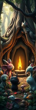 Whimsical forest creatures gather around a mysterious ancient tome, illustration, old