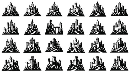 Fototapeta premium Black and White Castle and Fortress Silhouette Vector Glyphs Set - Medieval Fantasy Architecture
