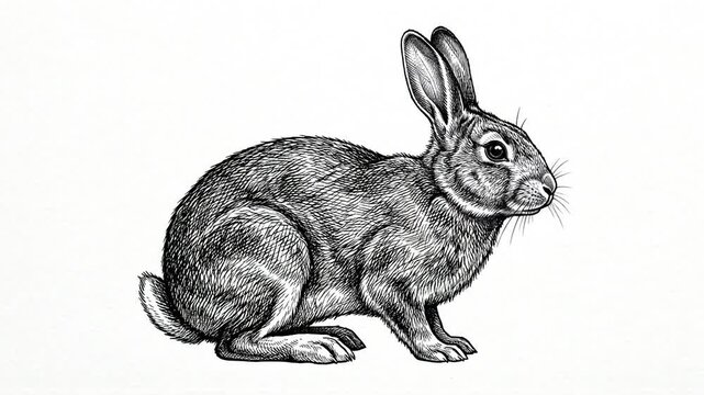 Black and White Ink Sketch of a Rabbit Sitting on a White Background