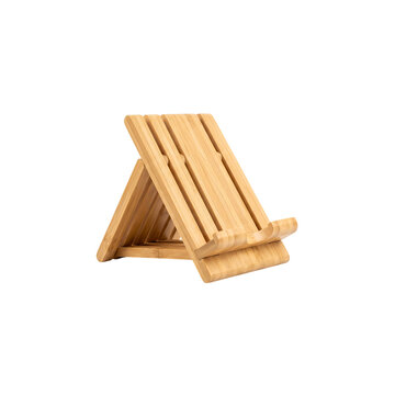 Bamboo tablet stand features an adjustable folding design for holding mobile devices securely on desks during work or entertainment sessions.
