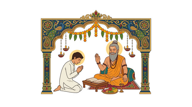 Indian Guru Teaching Student Under Traditional Archway Illustration