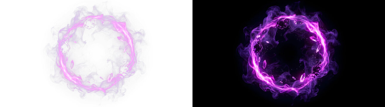 Vibrant purple magic ring featuring floating crystalline shards and swirling energy plumes captured in a circular frame on transparent background
