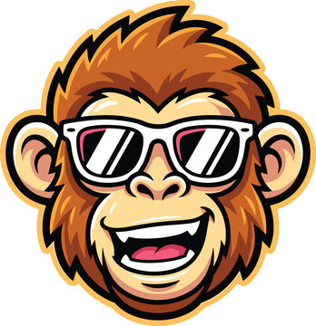Cool cartoon monkey head mascot vector logo featuring a smiling chimpanzee wearing sunglasses isolated on white background