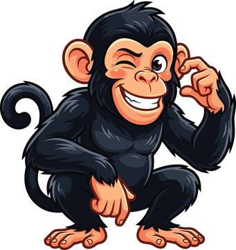 Cute cartoon chimpanzee character winking and smiling vector illustration isolated on white background for mascot or logo design
